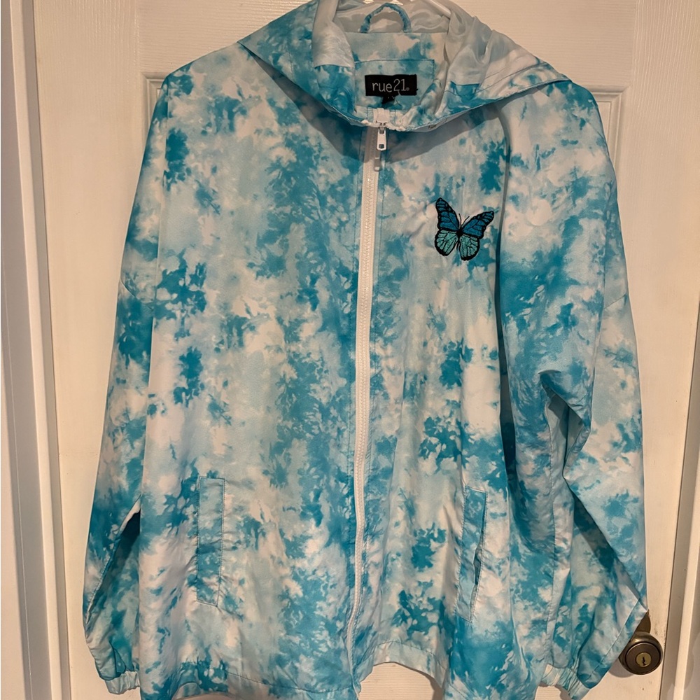 Rue21 Blue Tie-Dye Jacket size L with butterfly patch
